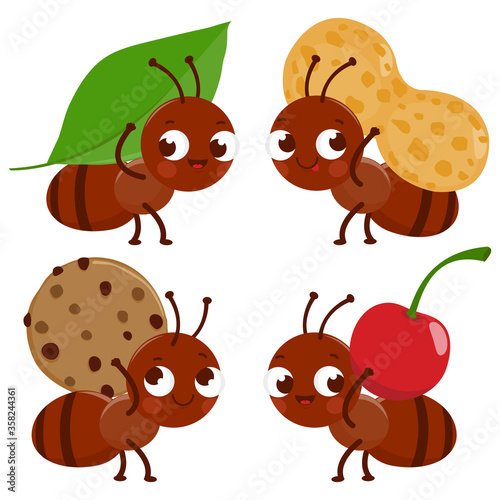Cute ants carrying food. Vector illustration