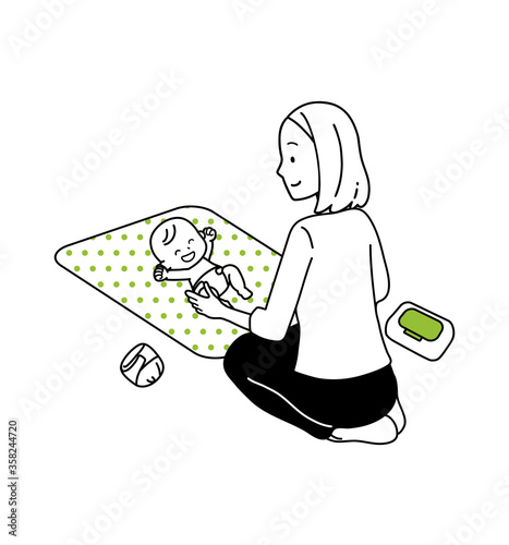 Illustration of a woman changing diapers.
