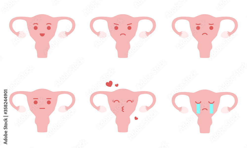 Set of cute, funny vectors of abstract female reproductive system cartoon characters with happy, sad, crying, kissing, angry and blank faces. Great for female health, diseases, periods and emotions.