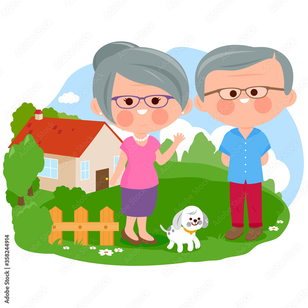 Happy senior couple standing in front of their house. Vector illustration