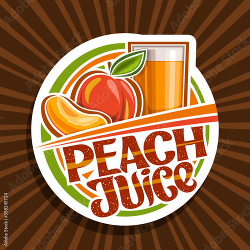 Vector logo for Peach Juice, decorative cut paper label with illustration of fruit drink in glass and 2 cartoon peaches, fruit concept with unique lettering for words peach juice on brown background.