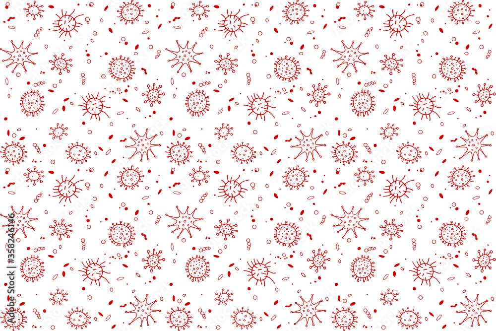 Seamless pattern bacterium virus vector illustration. Stop COVID-19. Black and white background, texture. Outline doodle Seamless pattern bacterium virus vector illustration. Stop COVID-19. Black and white background, texture. Outline doodle