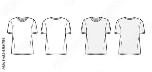 T-shirt technical fashion illustration with crew neck, fitted oversized body short sleeves, flat.