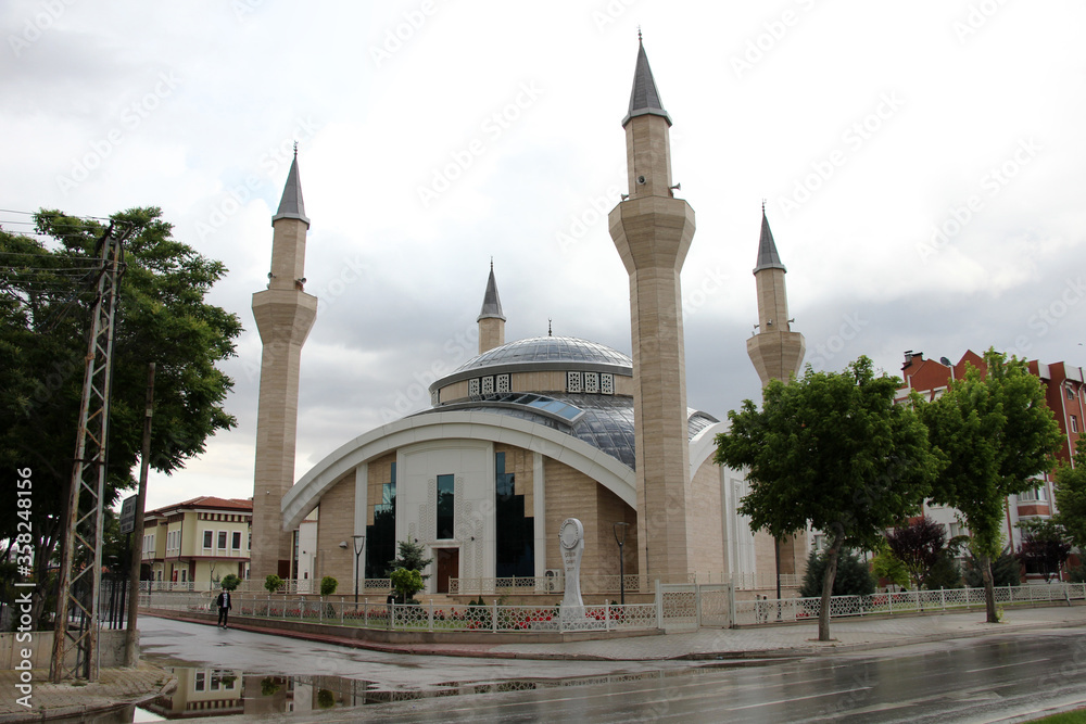 Celebi Mosque, located in the city of Konya, Turkey. It was built by Karatay Municipality between 2015 and 2017. The mosque has 4 minarets.