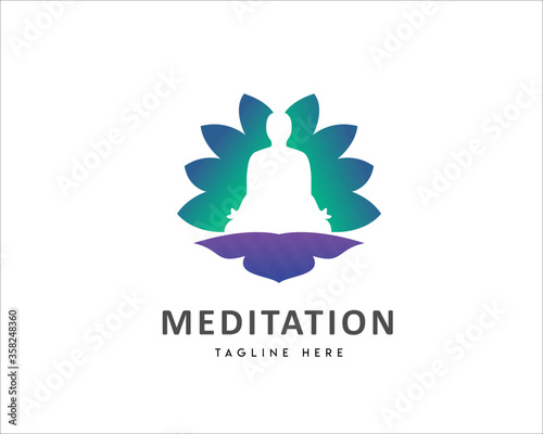 Human meditation negative space lotus logo symbol design illustration