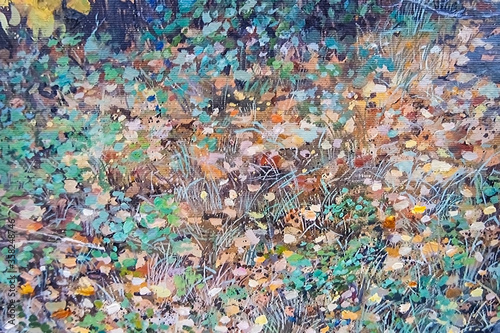 The ground is covered with fallen autumn leaves and growing grass, in detailed and picturesque. Primary colors: yellow, orange, brown, emerald green. Oil painting on canvas.