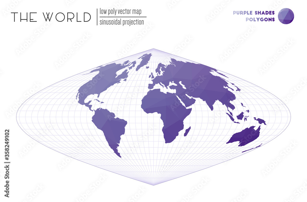 World map in polygonal style. Sinusoidal projection of the world. Purple Shades colored polygons. Awesome vector illustration.