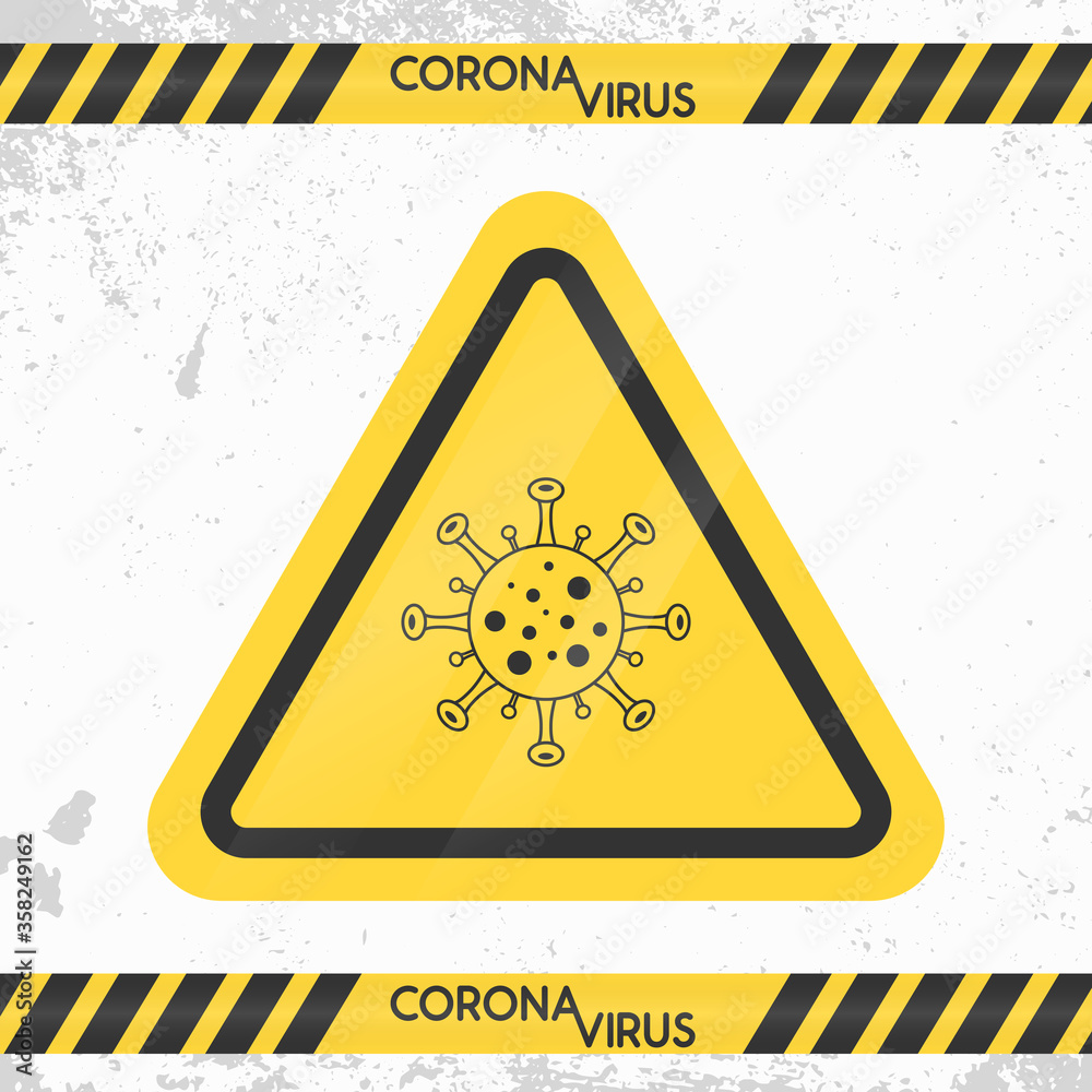 Fototapeta premium Coronavirus COVID-19 Caution Danger Yellow Sign Vector. Coronavirus Icon. Corona Virus Bacteria Cell Icon Vector Sign. Caution Tape Coronavirus. COVID-19 NCOV-2019 Corona Virus. Vector Illustration
