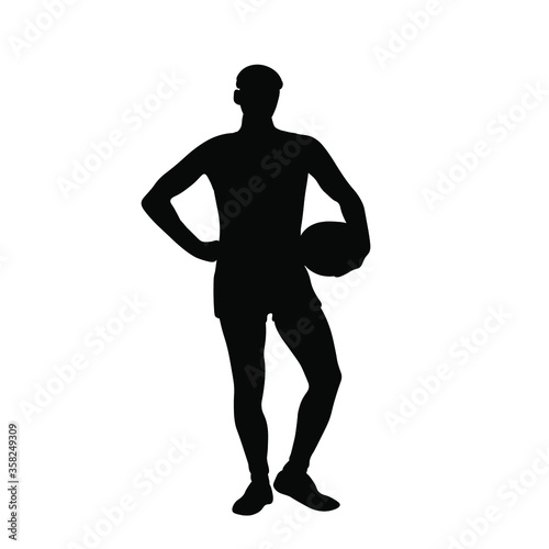 The guy is a soccer player with a ball in one hand. Football game  active lifestyle and sport. The silhouette is isolated. Vector illustration of a man in black and white.