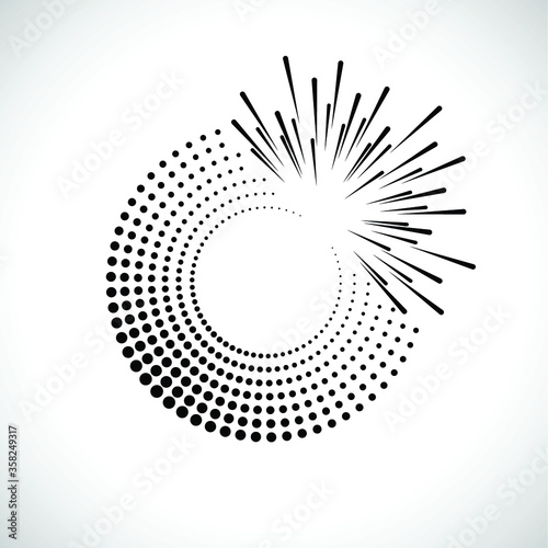 Radial halftone dots in Circle Form for comic books . fireworks Explosion background . Vector Illustration . Starburst
 round Logo . Circular Design element . Abstract Geometric star rays . Sunburst .