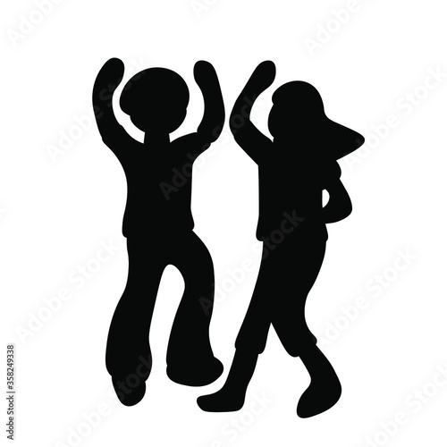 A pair of teenagers at a party. Silhouette isolated. People dance rockabilly, charleston, jazlindi hop or boogie-woogie. Vector illustration of a man in black and white.
