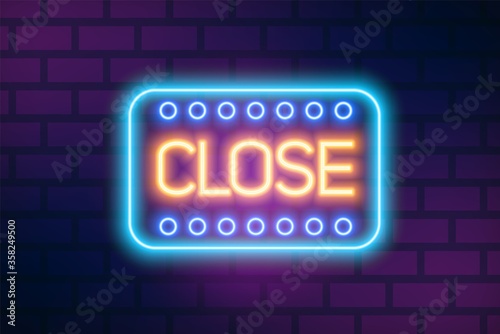 Bright neon signboard with close inscription vector flat illustration. Colorf...