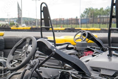 steering wheel and interior of the go kart