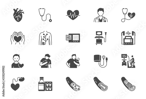 Cardiology flat icons. Vector illustration included icon as heart attack, ecg monitor, doctor, pacemaker, defibrillator, atherosclerosis black silhouette pictogram for medical cardiovascular clinic