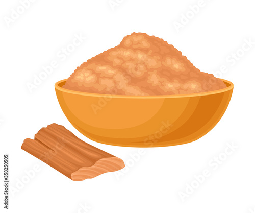 Powdered Sandalwood Poured in Bowl with Chip Rested Nearby Isolated on White Background Vector Illustration