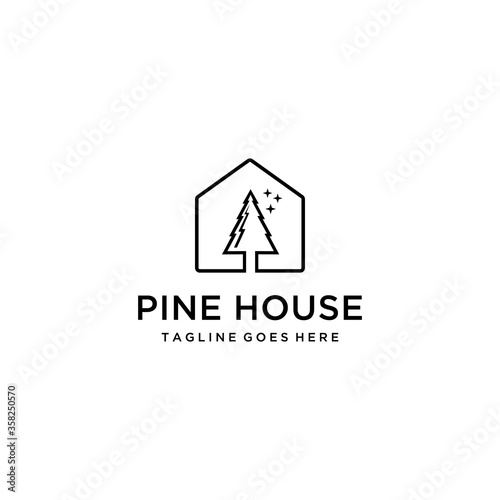 Illustration retro vintage pine tree house logo design evergreen,cedar,vector silhouette.
