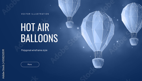 Hot air balloon polygonal vector illustration - Monochrome abstract isolated on blue background - Concept of fly, travel or adventure - Low poly wireframe style