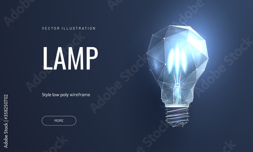 Incandescent lamp on bright yellow background in polygonal style. Landing page for start up or education or creative idea photo