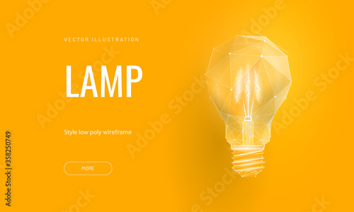 Incandescent lamp on bright yellow background in polygonal style. Landing page for start up or education or creative idea
