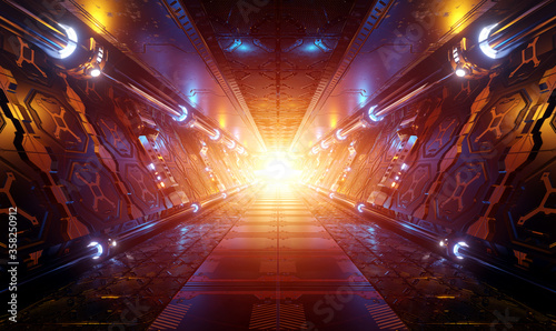 Fototapeta Naklejka Na Ścianę i Meble -  Orange and blue futuristic spaceship interior with window view on planet Earth 3d rendering
