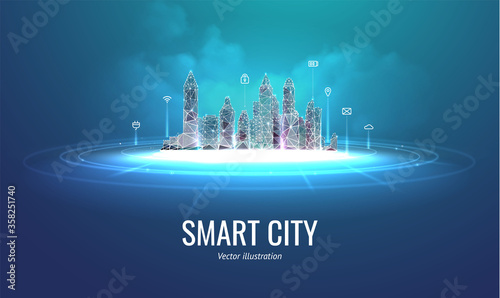 Futuristic smart city vector illustration isolated on blue background, concept of technological innovative metropolis. Skyscrapers in frame polygonal style at night in the clouds