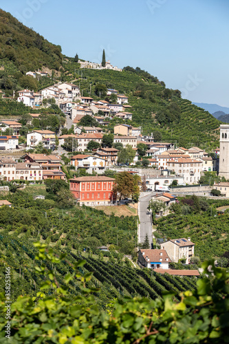 Picturesque hills with vineyards of the Prosecco sparkling wine region between Valdobbiadene and Conegliano  Italy.