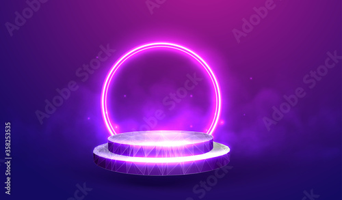 Empty podium vector illustration isolated on purple background - Exhibition pedestal with a neon circle - Empty space for your product