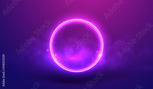 Neon ring on a violet background in fog and star dust vector illustration. Luminous round frame as a visualization of futuristic cyber space. Circle in smoke concept for for virtual reality