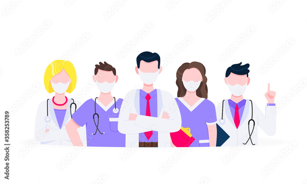 Successful team of medical employee doctors with face masks vector illustration isolated on white background. Hospital or medic clinic staff doctors standing up with equipment. Successful team of medical employee doctors with face masks vector illustration isolated on white background. Hospital or medic clinic staff doctors standing up with equipment.