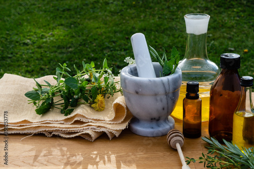 Fresh herbs from the garden and the different types of oil