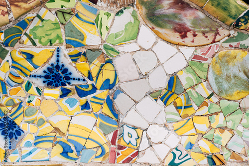 Close-up Mosaic Antonio Gaudi in the Park Guell  Barcelona