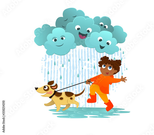 Vector illustration of girl walks with dog  the rain. Happy child have fun on rainy day. Friendship, childhood in rainy weather. Funy clouds with happy emotions. 