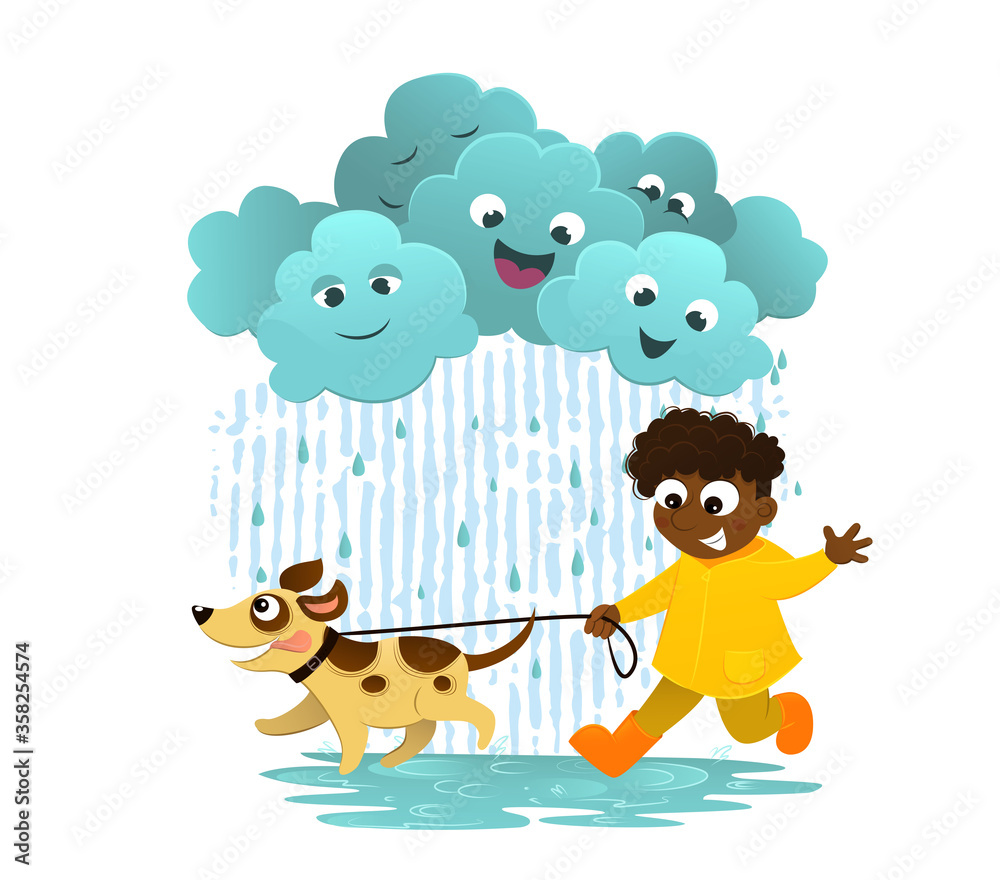 Vector illustration of boy walking the dog in the rain. Happy child have fun on rainy day, play together with dog. Friendship, childhood in rainy weather. Funny clouds with happy emotions. Vector illustration of boy walking the dog in the rain. Happy child have fun on rainy day, play together with dog. Friendship, childhood in rainy weather. Funny clouds with happy emotions.