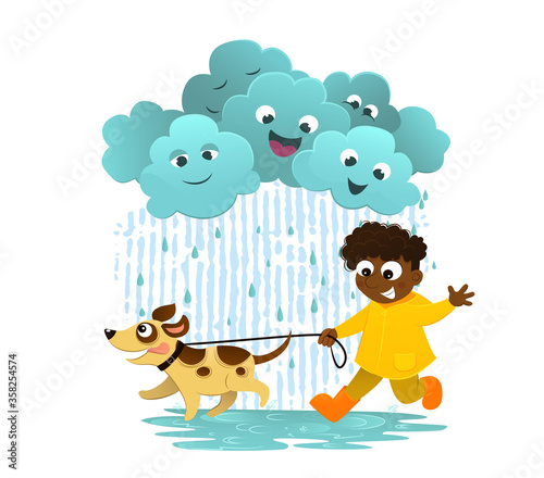 Vector illustration of boy walking the dog in the rain. Happy child have fun on rainy day, play together with dog. Friendship, childhood in rainy weather. Funny clouds with happy emotions. 