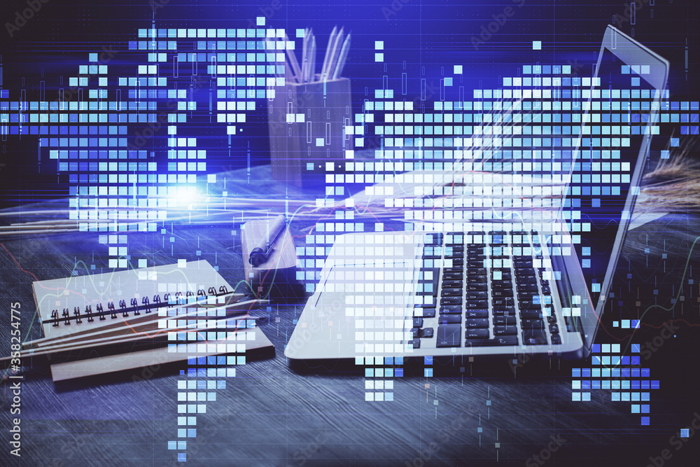 Double exposure of business theme icons and work space with computer background. Concept of success. Double exposure of business theme icons and work space with computer background. Concept of success.