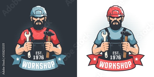 Mechanical Workshop vintage logo - handyman in hard hat with hammer and wrench. Bearded worker mechanic in builder helmet - retro emblem. Vector illustration.