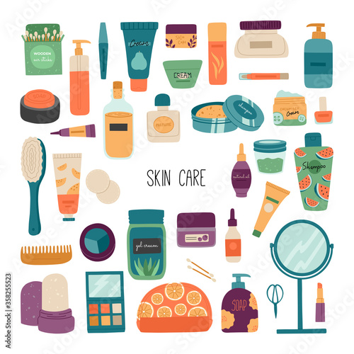 A set of cosmetics for skin care, flat hand drawn concept of makeup objects, cream and gel. Vector illustration in flat cartoon style. 
