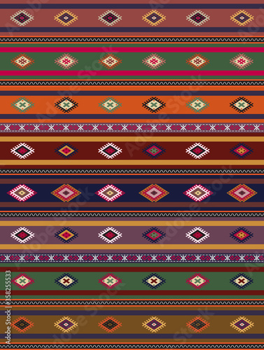 Turkish kilim pattern. Colorful tribal vintage rug. Seamless textile background design.  