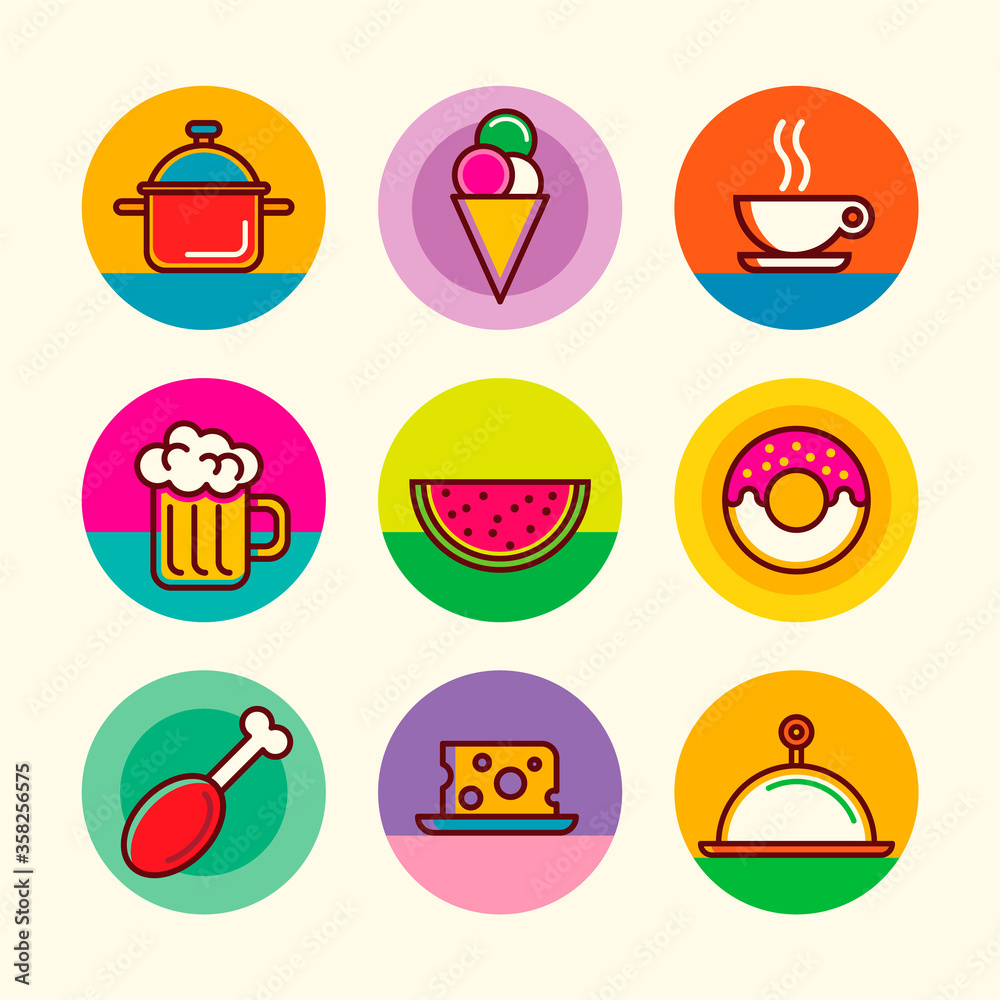 Colorful food icons set. Vector illustration.