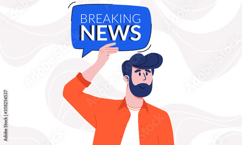 Young man with beard in casual shirt holding breaking news speech bubble under his head. Guy attracting attention to new information facts with notification tip plate. Being up-to-date and aware.