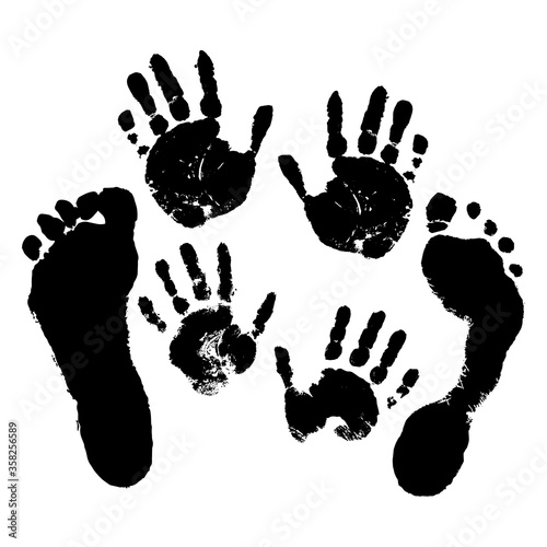 Hand and footprints of adults and children on a white isolated background. Vector.
