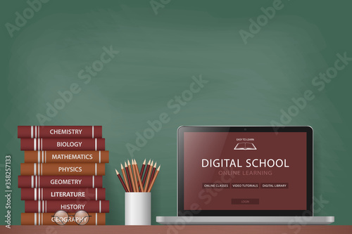 Laptop, textbooks and pencils on green chalkboard background. Online learning website page on computer screen. Distance e-learning education. Modern technologies in education. Vector illustration