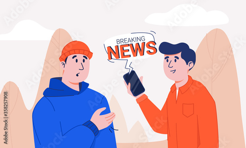 Man in shirt holding smartphone with breaking news notification bubble sharing information to shocked and stressed guy in hoodie and knitted hat. Two friends discussing latest tidings walking in park.