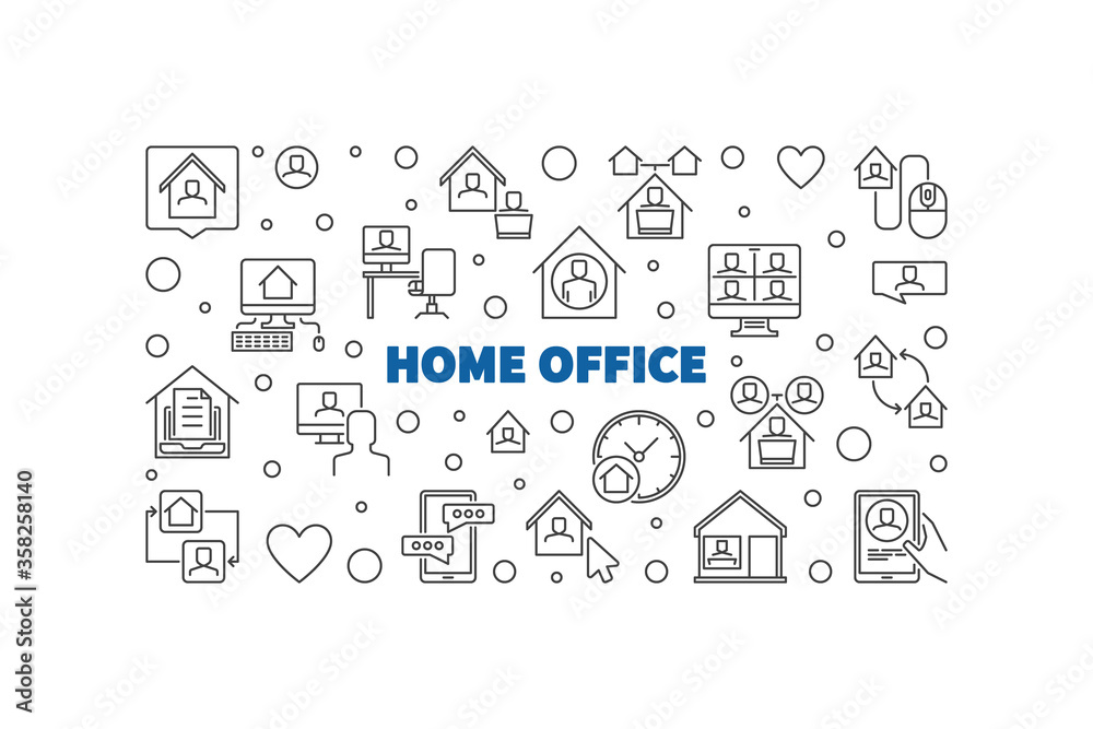 Vector Home Office concept thin line horizontal illustration or banner