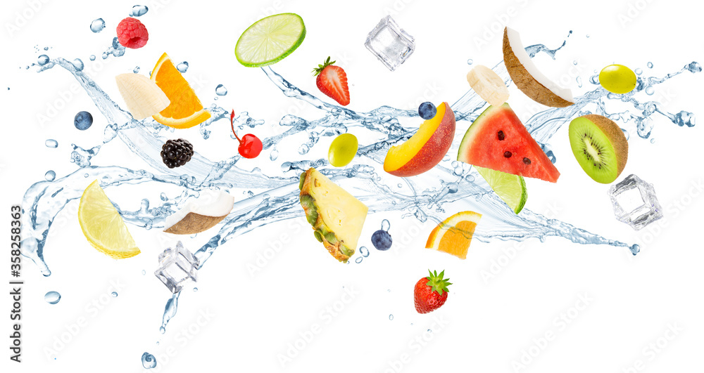 fresh fruit flying in splashing water isolated on white background
