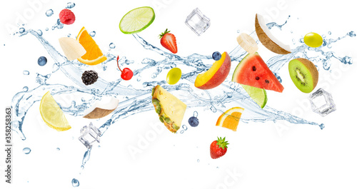 fresh fruit flying in splashing water isolated on white background