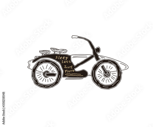 Handrawn Surfer Motorbike. Surfing fashion print design for t-shirt and other uses. Surfing graphic vector design.