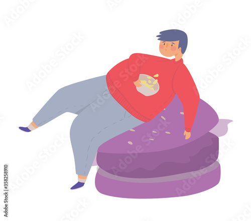Gluttony, mental disorders flat vector illustration. Nightly overeating, food stress substitution, overweight concept. Sad man sitting on a burger eats chips, junk food.