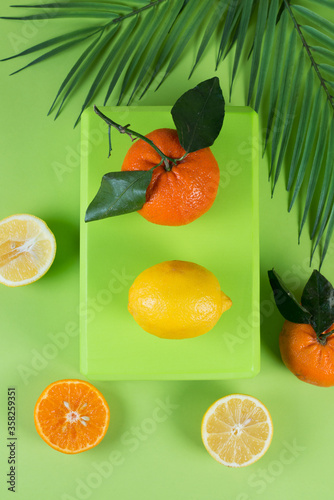 Bright colorful flat lay of tangerines  lemons and tropical leaves  creative design background