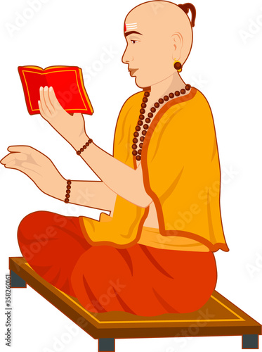 The creative and attractive 2d vector graphic design of the Indian priest reading a holy book and performing prayer. Simple and minimalist design can be used for greetings, celebration and more.